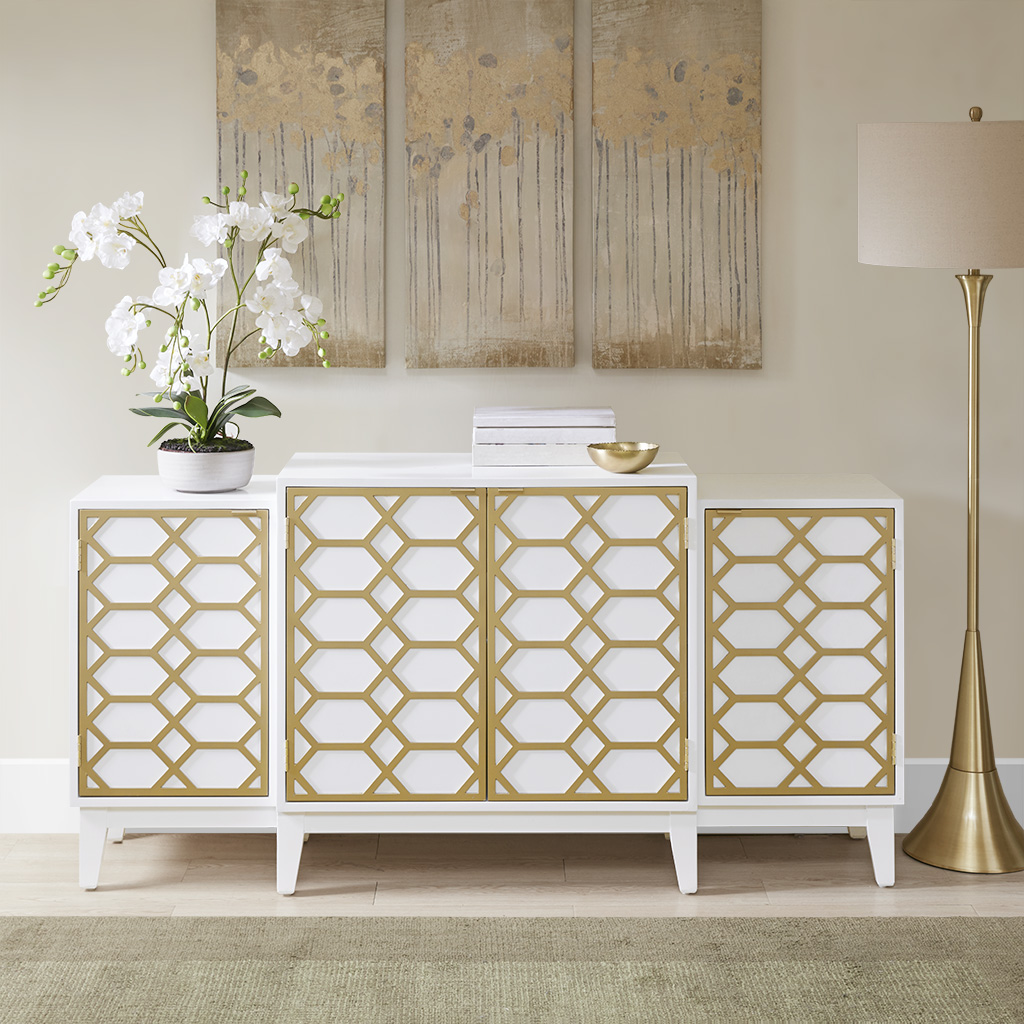 Madison Park - Maria Dining Buffet Server Gold Lattice Design Kitchen Storage Cabinet - Gold/White - See below
Madison Park - Maria Dining Buffet Server Gold Lattice Design Kitchen Storage Cabinet - Gold/White - See below