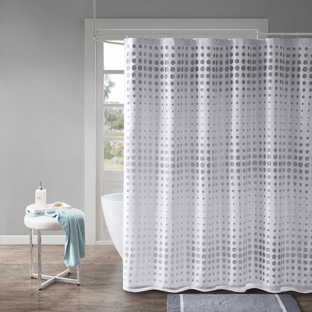 Madison Park Essentials - Venus Faux Silk Laser Cut Circle Contrast Shower Curtain - White/Grey - 72x72
Madison Park Essentials - Venus Faux Silk Laser Cut Circle Contrast Shower Curtain - White/Grey - 72x72