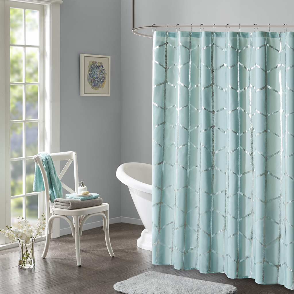 Intelligent Design - Raina Printed Metallic Shower Curtain - Aqua/Silver - 72x72
Intelligent Design - Raina Printed Metallic Shower Curtain - Aqua/Silver - 72x72