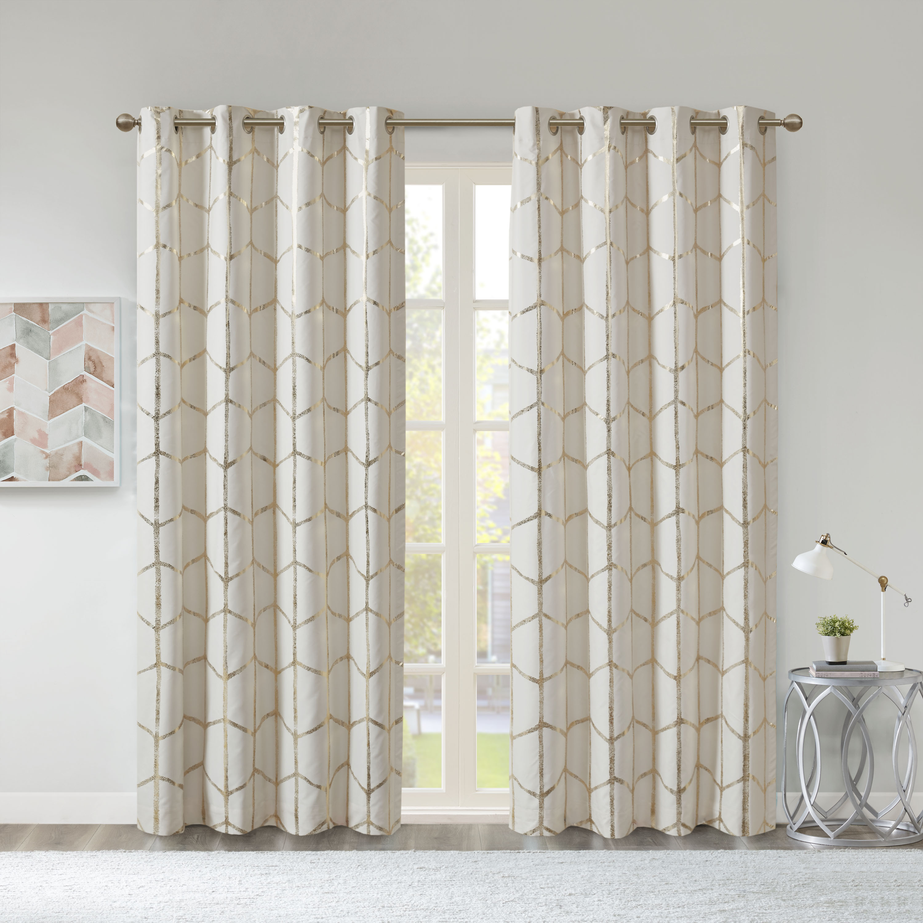 Intelligent Design - Raina Total Blackout Metallic Print Grommet Top Curtain Panel - Ivory/Gold - 50x84
Intelligent Design - Raina Total Blackout Metallic Print Grommet Top Curtain Panel - Ivory/Gold - 50x84