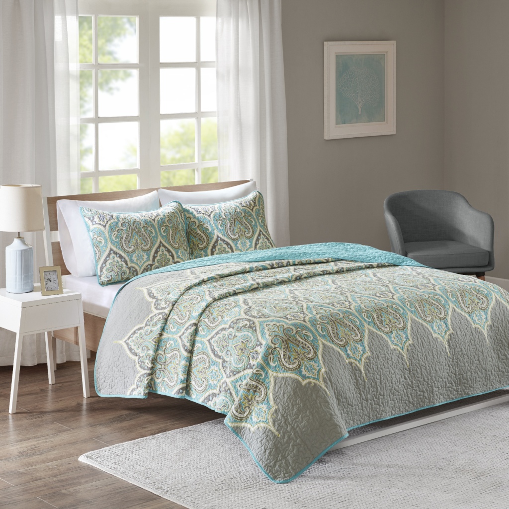 

Comfort Spaces - Mona 3 Piece Reversible Cotton Printed Coverlet Set - Teal/Grey - Full/Queen