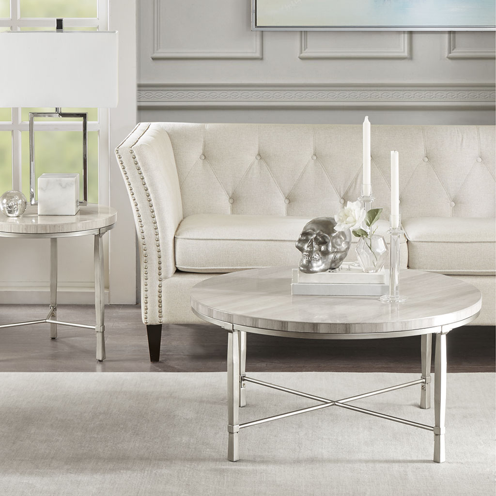 Madison Park - Reese Real Marble Round Coffee Table Metal Base - Silver/Cream - See below
Madison Park - Reese Real Marble Round Coffee Table Metal Base - Silver/Cream - See below