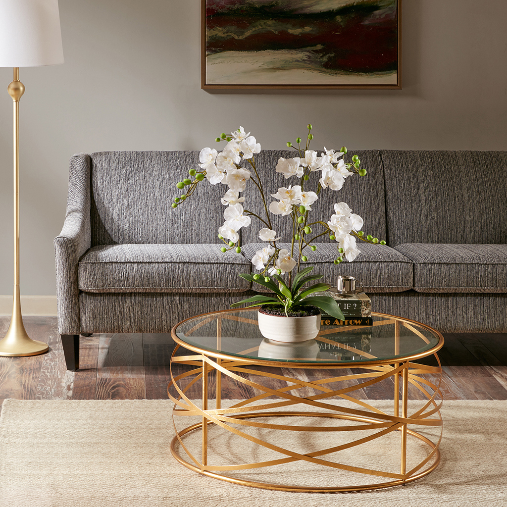 Madison Park - Nora 36-inch Round Coffee Table with Metallic Gold Metal Frame and Glass Top - Gold - See below
Madison Park - Nora 36-inch Round Coffee Table with Metallic Gold Metal Frame and Glass Top - Gold - See below