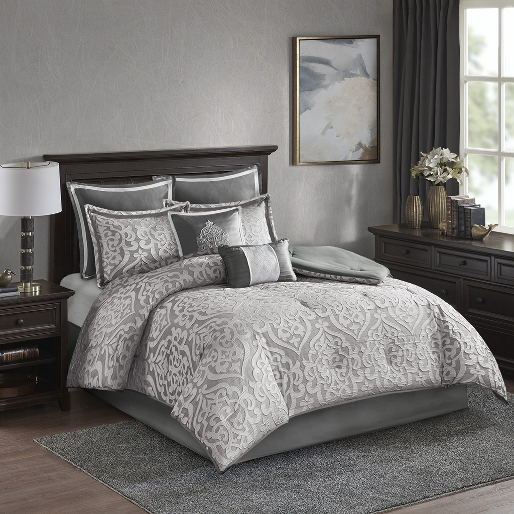 

Madison Park - Odette 8 Piece Jacquard Comforter Set - Silver - Queen