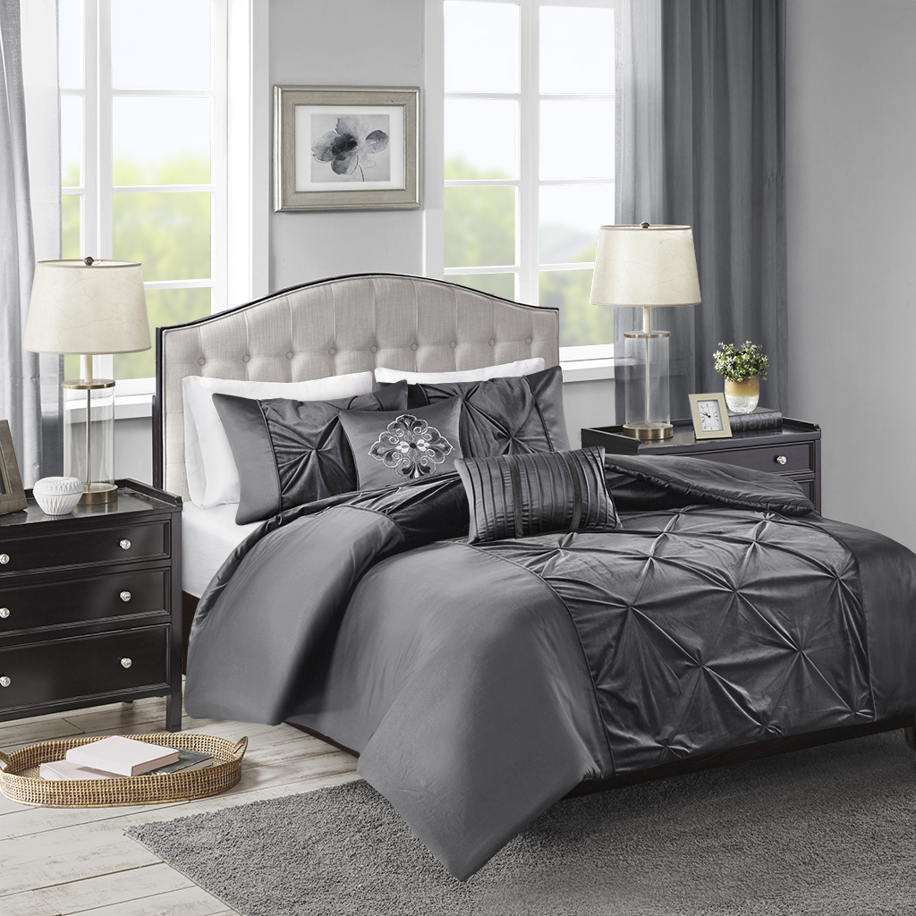 

Madison Park - Mia Faux Velvet 5 Piece Duvet Cover Set - Grey - Full/Queen