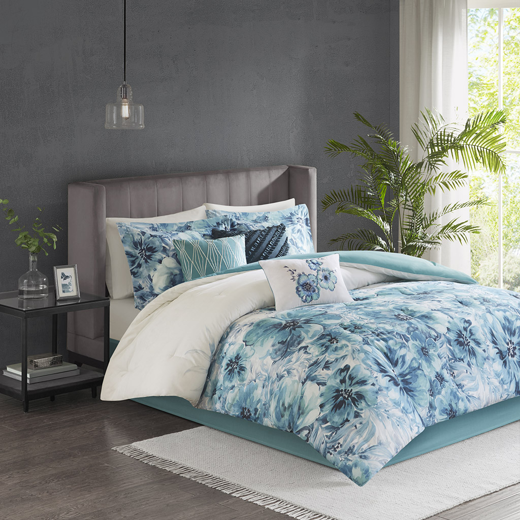 

Madison Park - Enza 7 Piece Cotton Printed Comforter Set - Teal - King