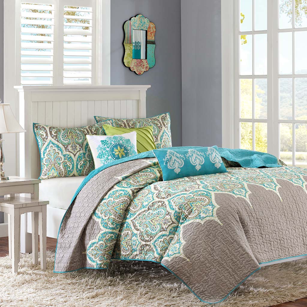 

Madison Park - Nisha 6 Piece Reversible Coverlet Set - Teal - King/Cal King