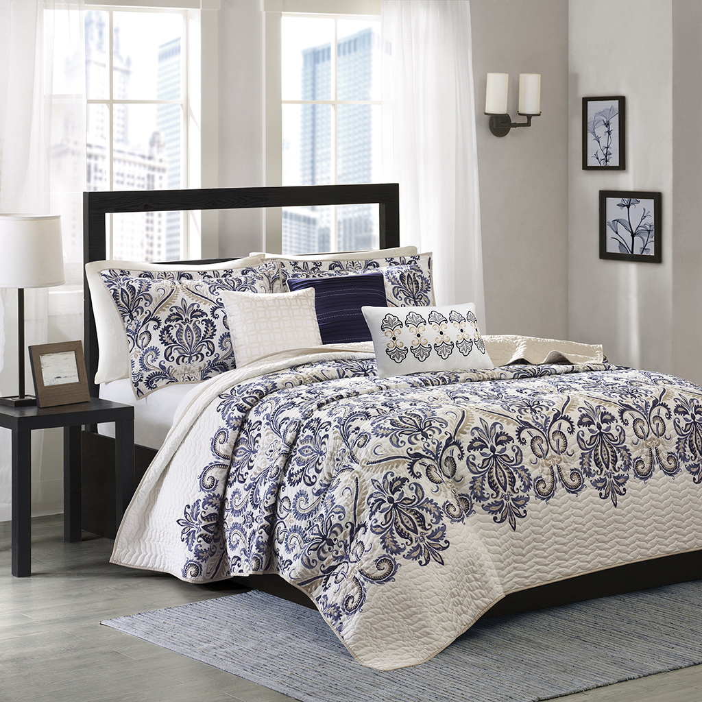 

Madison Park - Cali 6 Piece Reversible Coverlet Set - Blue - King/Cal King