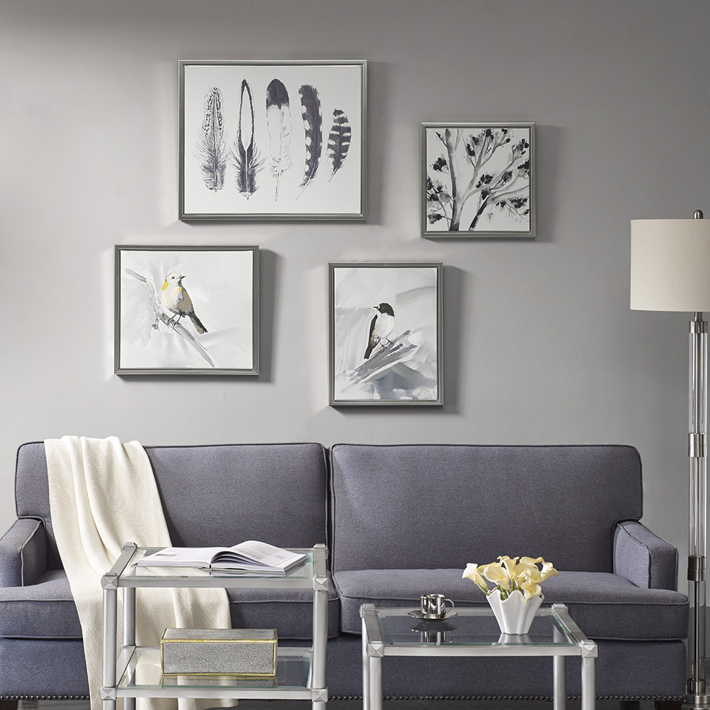 

Madison Park - Plume Gel Coat Framed Canvas With Hand Embellishment 4 Piece Set - Grey - See below