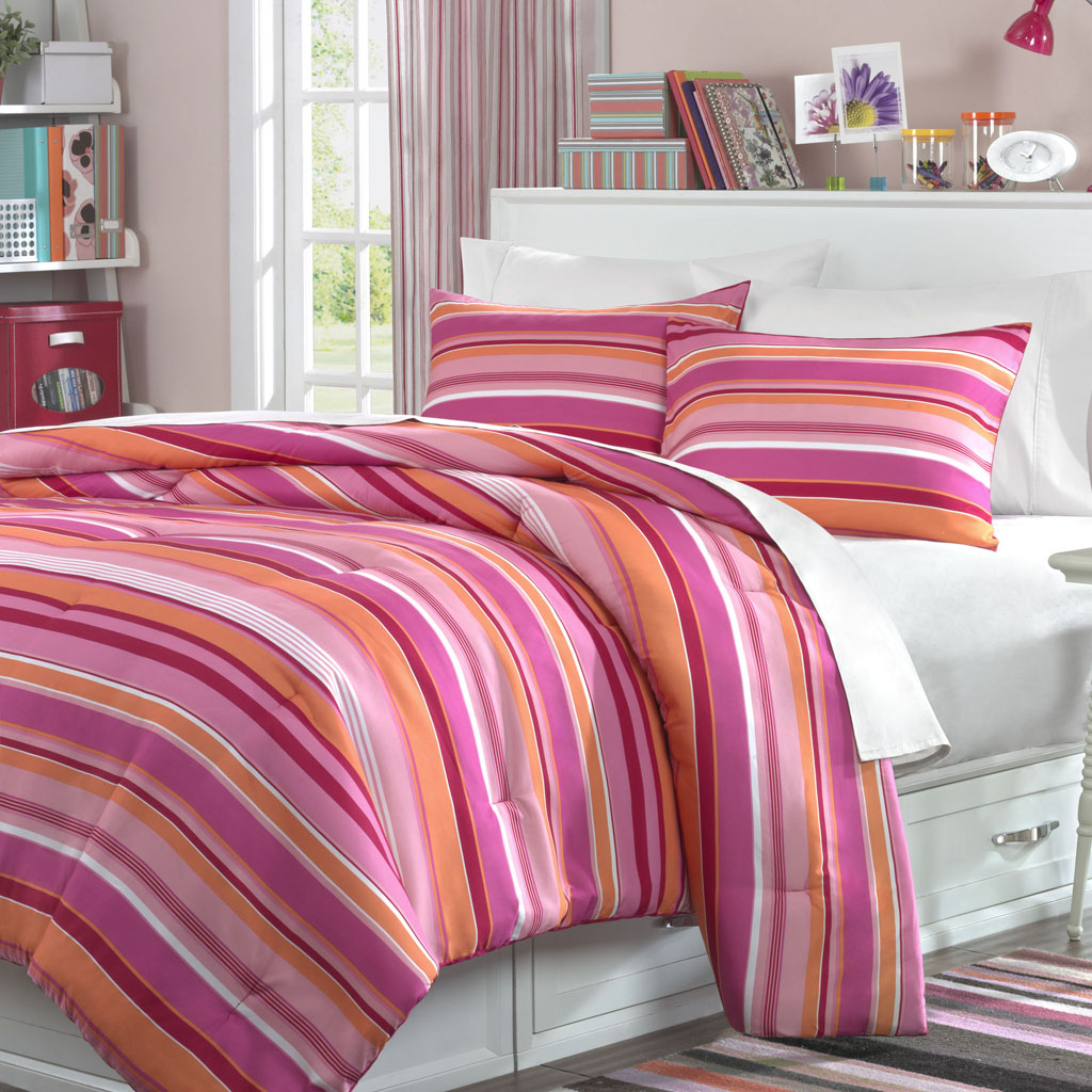 

On Your Own - Girl Stripe Stripe Comforter Mini Set - Pink - Full/Queen