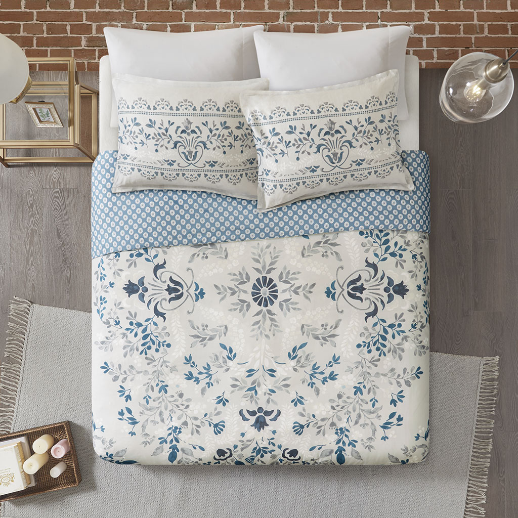 

Madison Park - Eden 3 Piece Cotton Printed Reversible Duvet Cover Set - Grey - Full/Queen