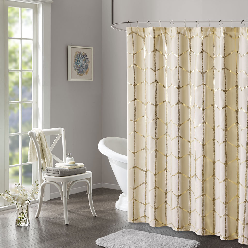 

Intelligent Design - Raina Printed Metallic Shower Curtain - Ivory/Gold - 72x72