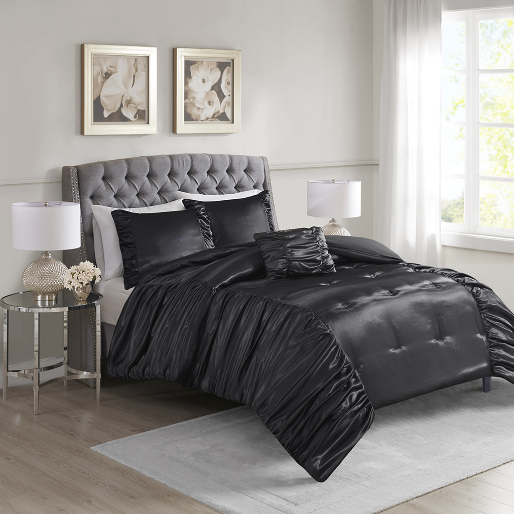 

Madison Park - Devon 4 Piece Silky Satin Comforter Set - Black - Full/Queen