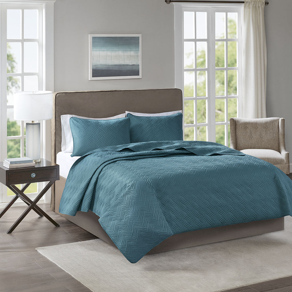 

510 Design - Lucca 3 Piece Reversible Embossed Coverlet Set - Teal - King/Cal King