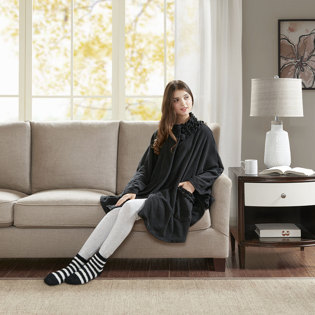 

Premier Comfort - Ruffle Trim Fleece Angel Wrap with Sock Set - Black - 56x68