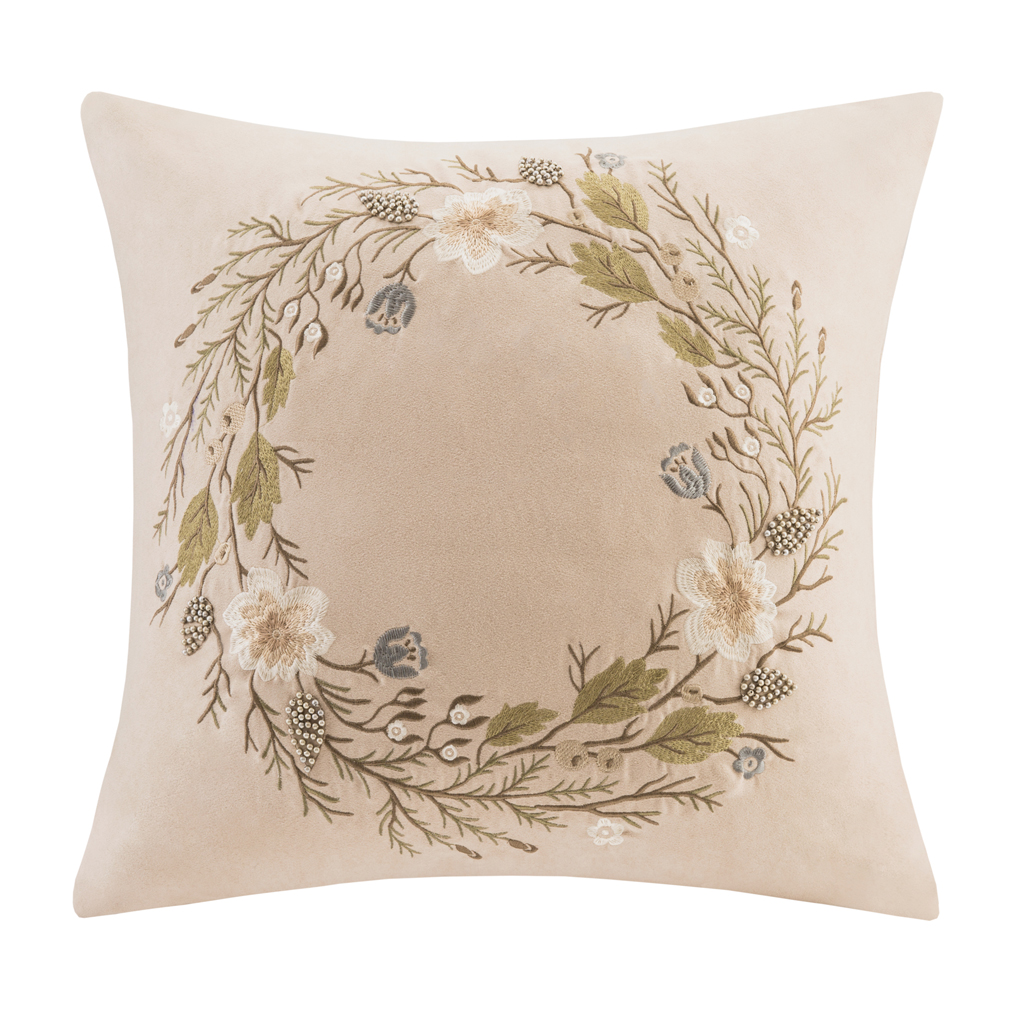 

Madison Park - Wreath Embroidered Square Pillow - Tan - 20x20