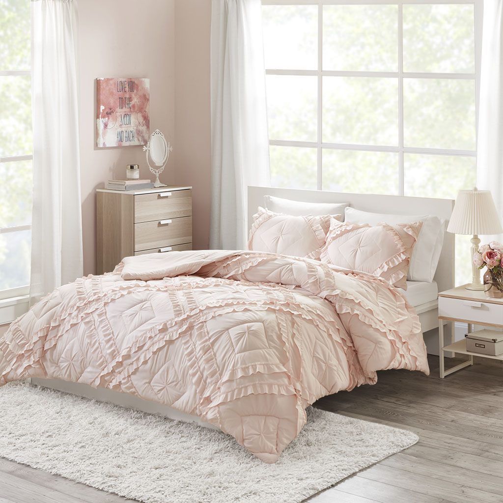 

Intelligent Design - Kacie Solid Coverlet Set With Tufted Diamond Ruffles - Blush - Twin/Twin XL