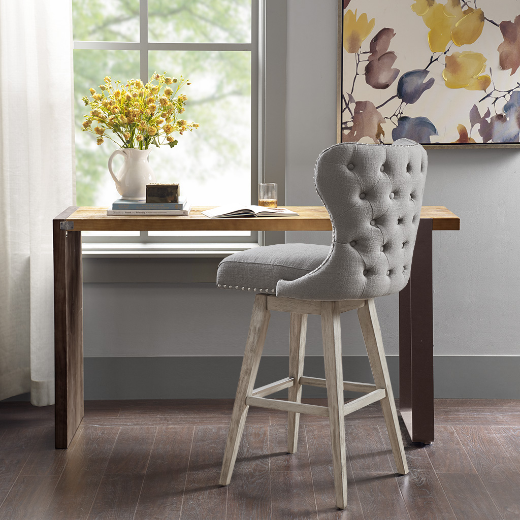 

Madison Park - Hancock High Wingback Button Tufted Upholstered 32" Swivel Bar Stool with Nailhead Accent - Grey - See below