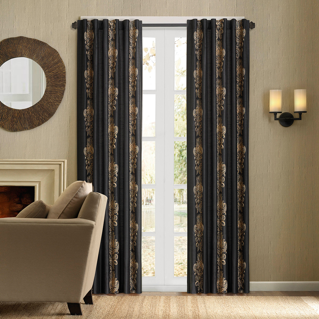 

Madison Park - Madrid Faux Silk Embroidery Window Curtain - Black - See below