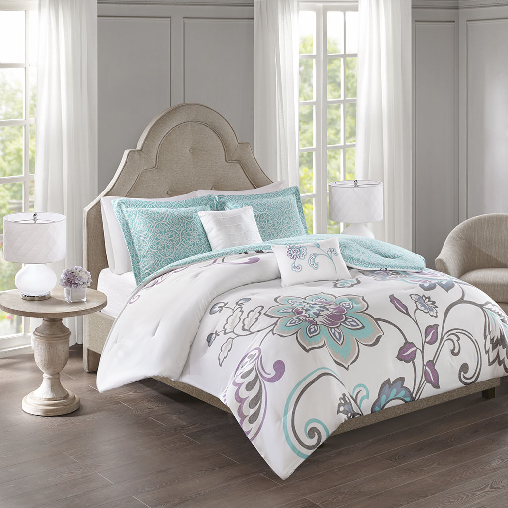 

510 Design - Elizabeth 5 Piece Reversible Print Comforter Set - Aqua - Full/Queen