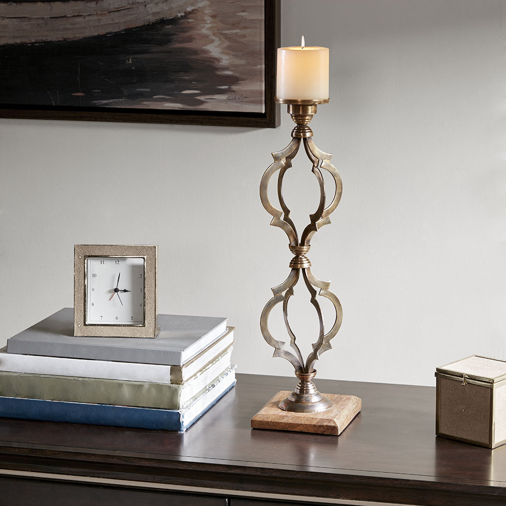 

Madison Park - Venezia Vintage Candle Holder on Wooden Base - Antique Gold - See below