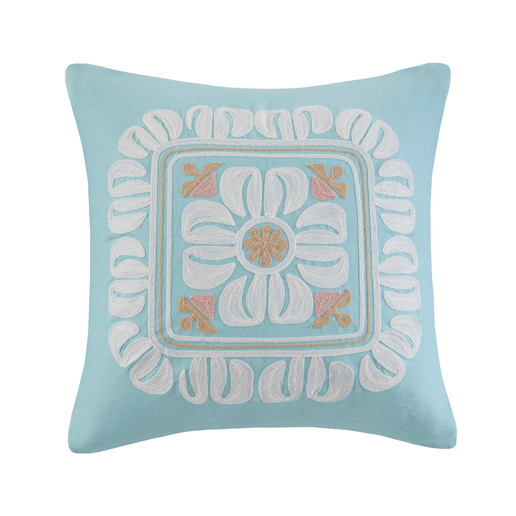 

Echo Design - Simona Embroidered Cotton Square Decorative Pillow - Aqua - 20x20