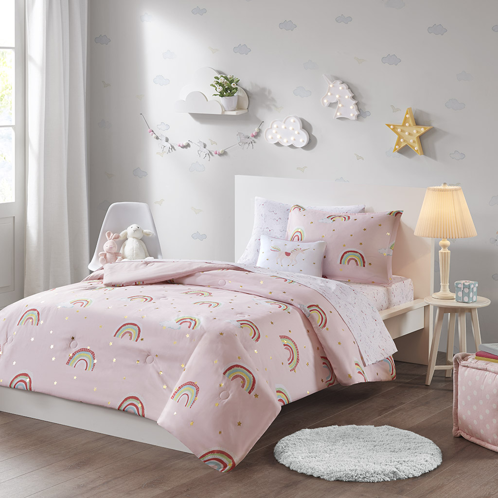 

Mi Zone Kids - Alicia Rainbow with Metallic Printed Stars Complete Bed and Sheet Set - Pink - Full