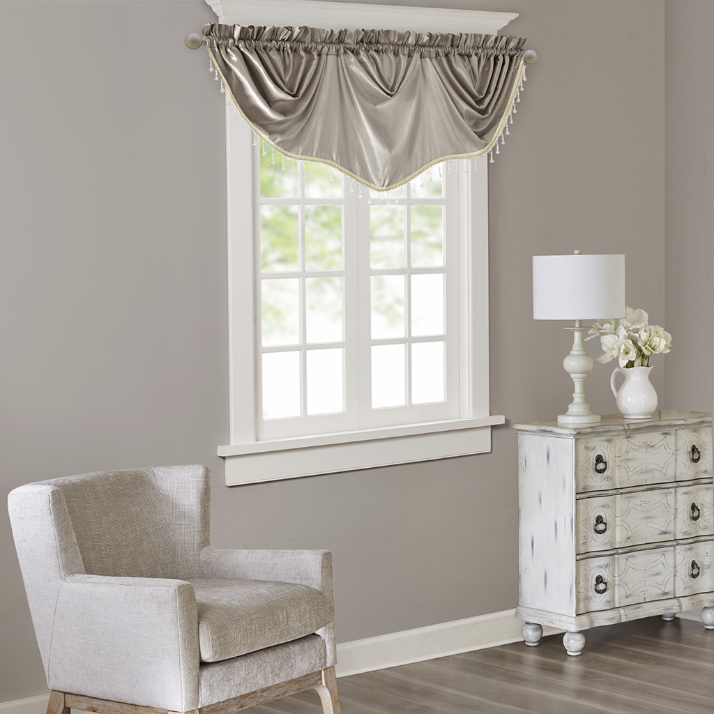 

Madison Park - Elvina Faux Silk Beaded Trim Imperial Valance - Pewter - 86x33