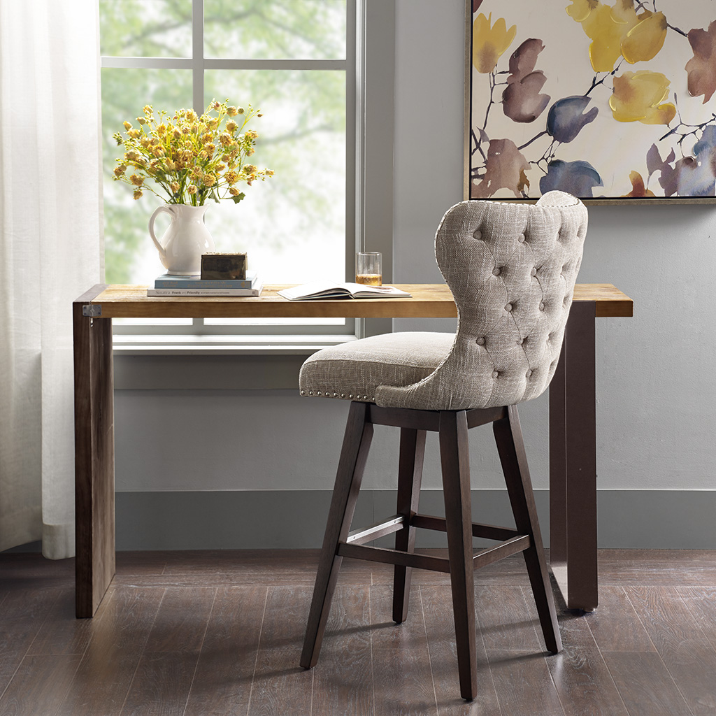 

Madison Park - Hancock High Wingback Button Tufted Upholstered 32" Swivel Bar Stool with Nailhead Accent - Camel/Brown - See below