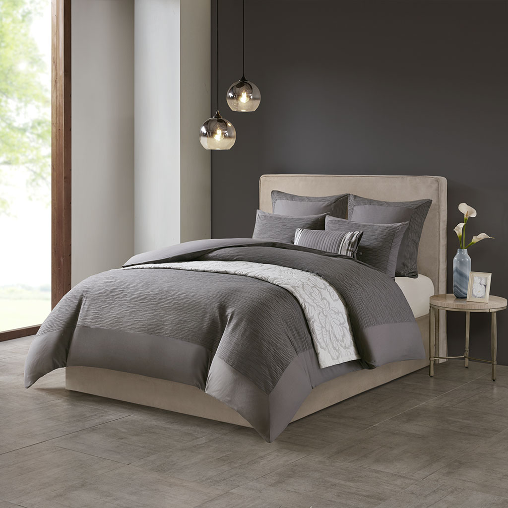 

N Natori - Hanae Cotton Blend Yarn Dyed 3 Piece Comforter Set - Grey - King