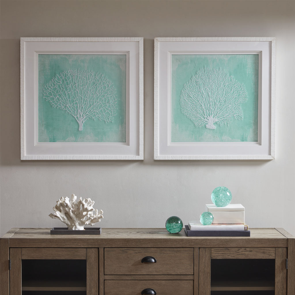 

Harbor House - Embroidered Coral Framed On Printed Background with White Solid Wood Frame 2PC Set - Aqua - See below