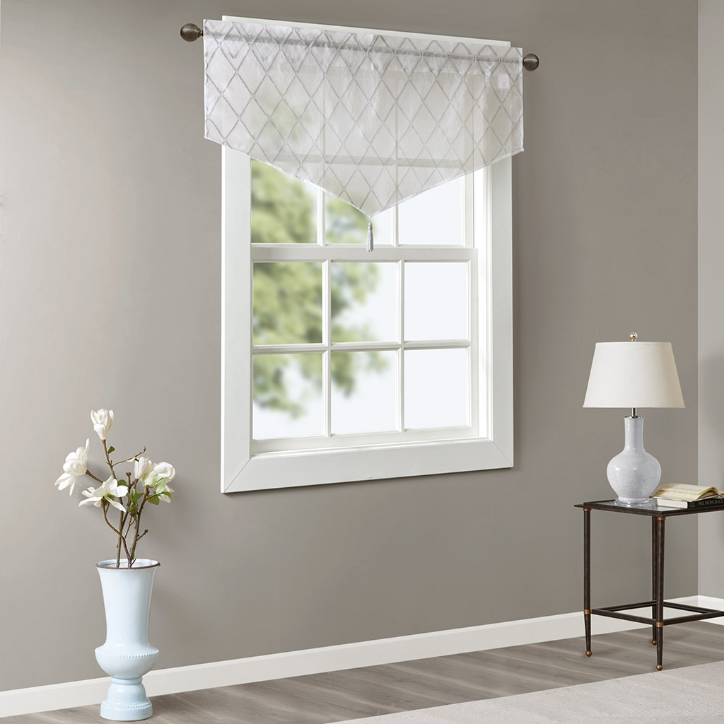 

Madison Park - Irina Diamond Sheer Embroidered Ascot Valance - White/Grey - 50x22