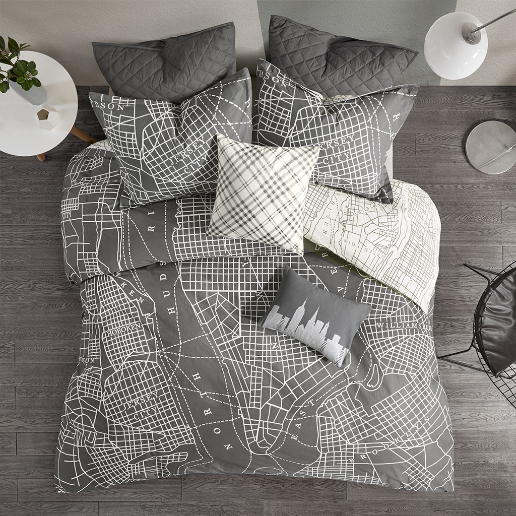 

Urban Habitat - Manhattan Reversible 7-Piece Printed Cotton Duvet Cover Set - Charcoal - King/Cal King