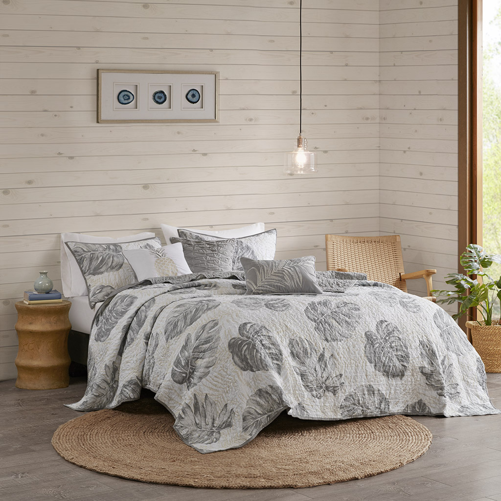 

Madison Park - Amoria 6 Piece Printed Seersucker Palm Reversible Coverlet Set - Grey - Full/Queen