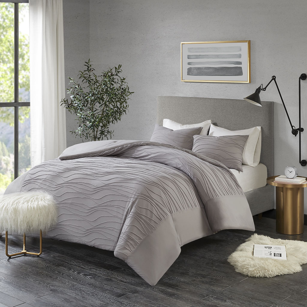 

Madison Park - Dion 3 Piece Cotton Blend Jersey Knit Pleated Comforter Set - Grey - King/Cal King