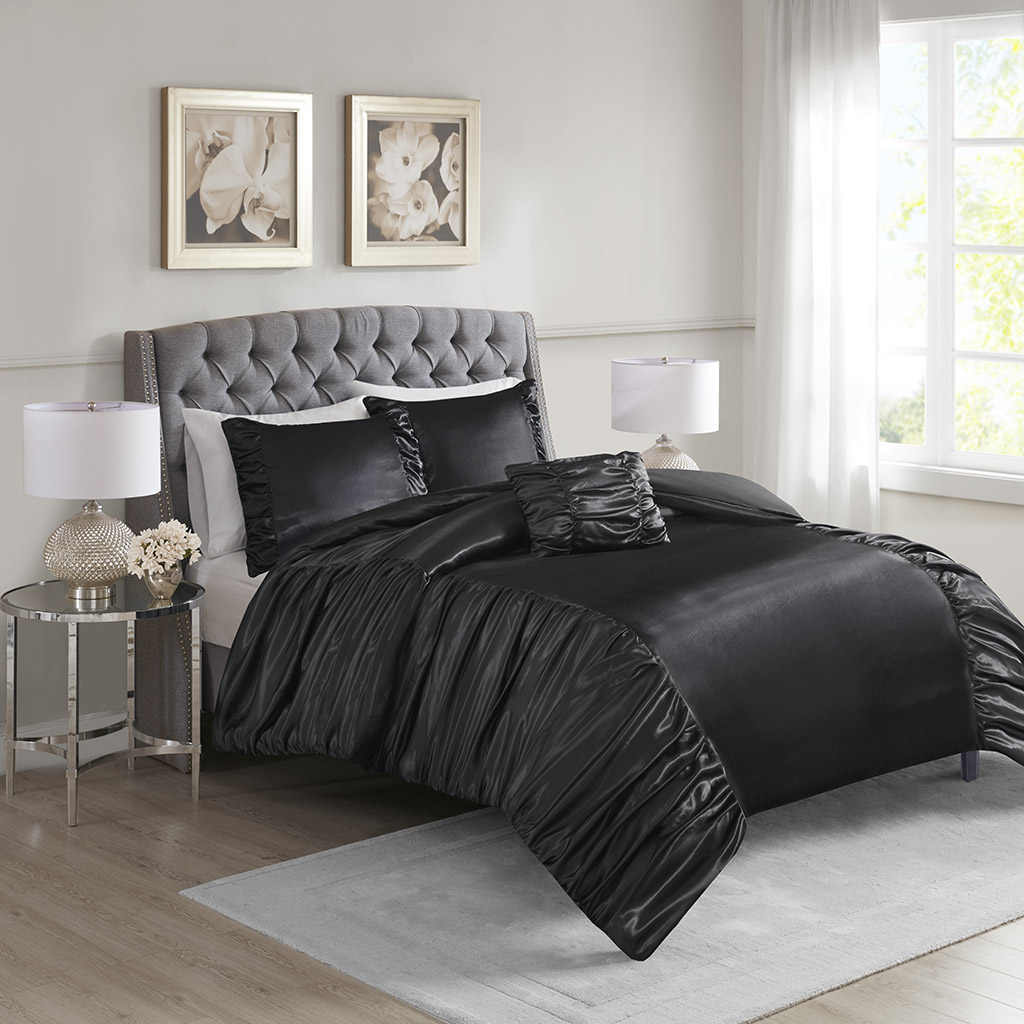 

Madison Park - Devon 4 Piece Silky Satin Duvet Cover Set - Black - King/Cal King