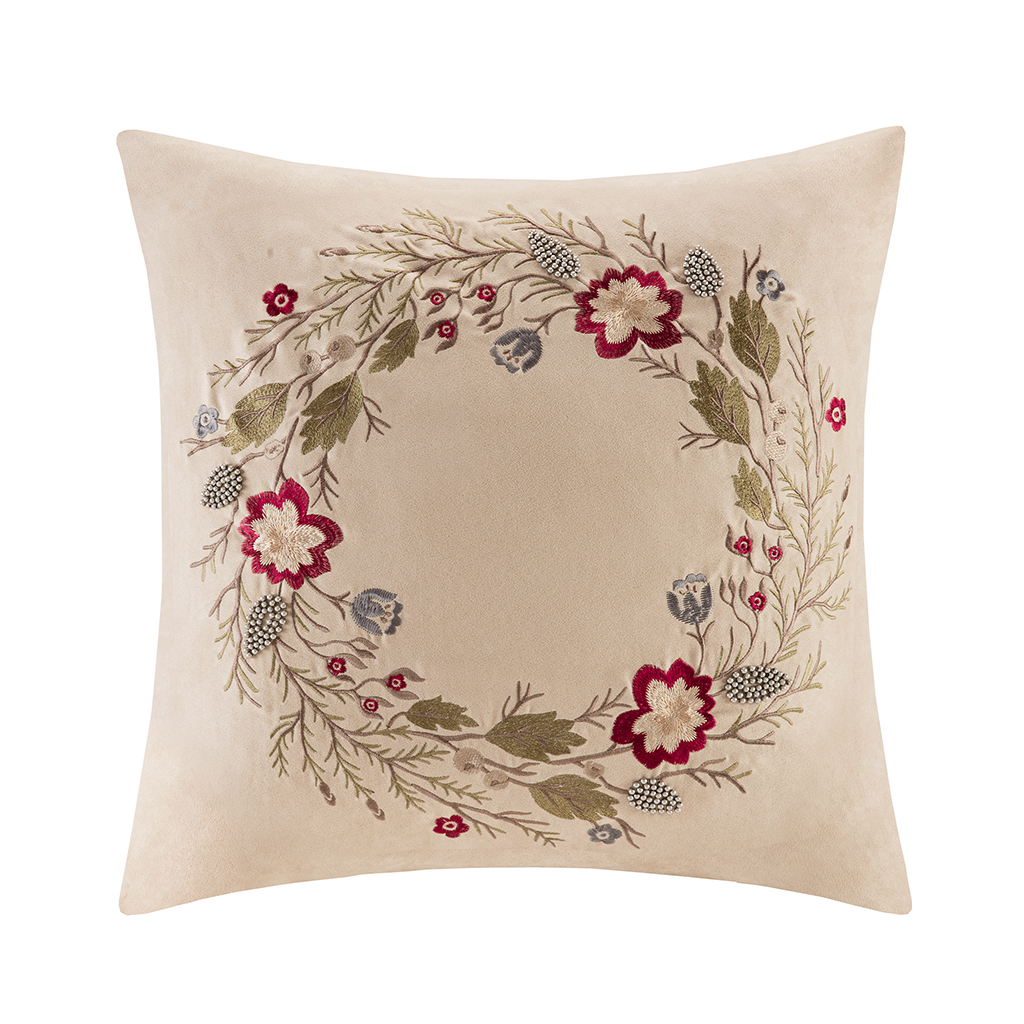 

Madison Park - Wreath Embroidered Suede Square Pillow - Tan - 20x20
