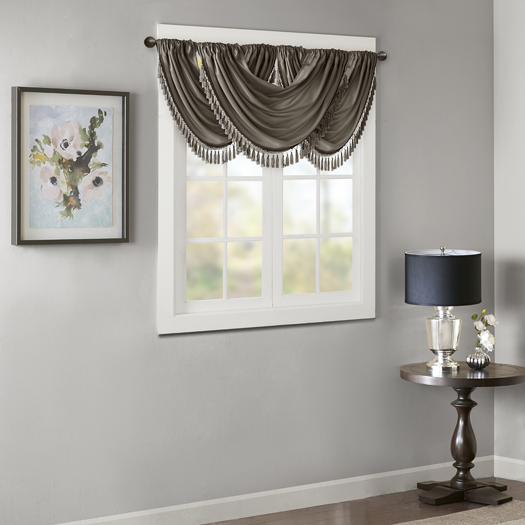 

Madison Park - Elena Faux Silk Waterfall Embellished Valance - Pewter - 38x46