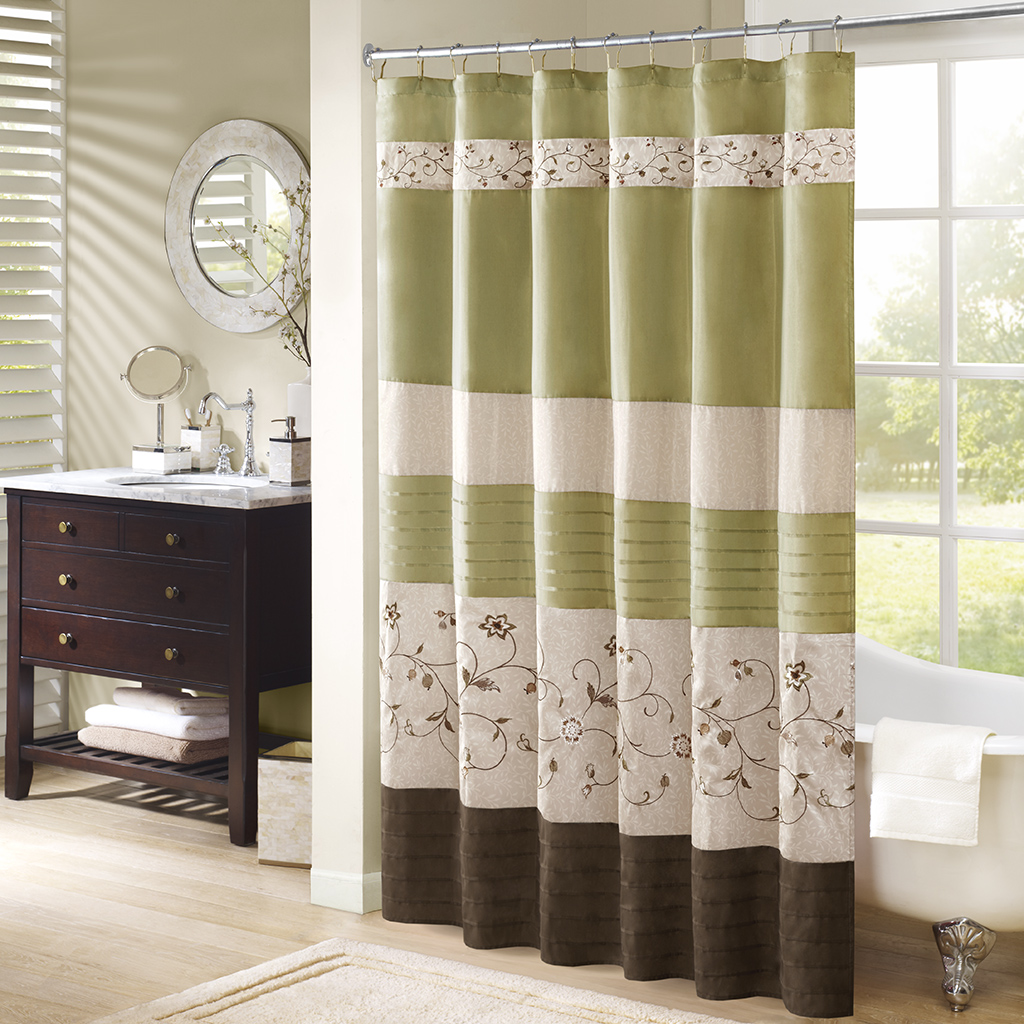 

Madison Park - Serene Faux Silk Embroidered Floral Shower Curtain - Green - 72x72