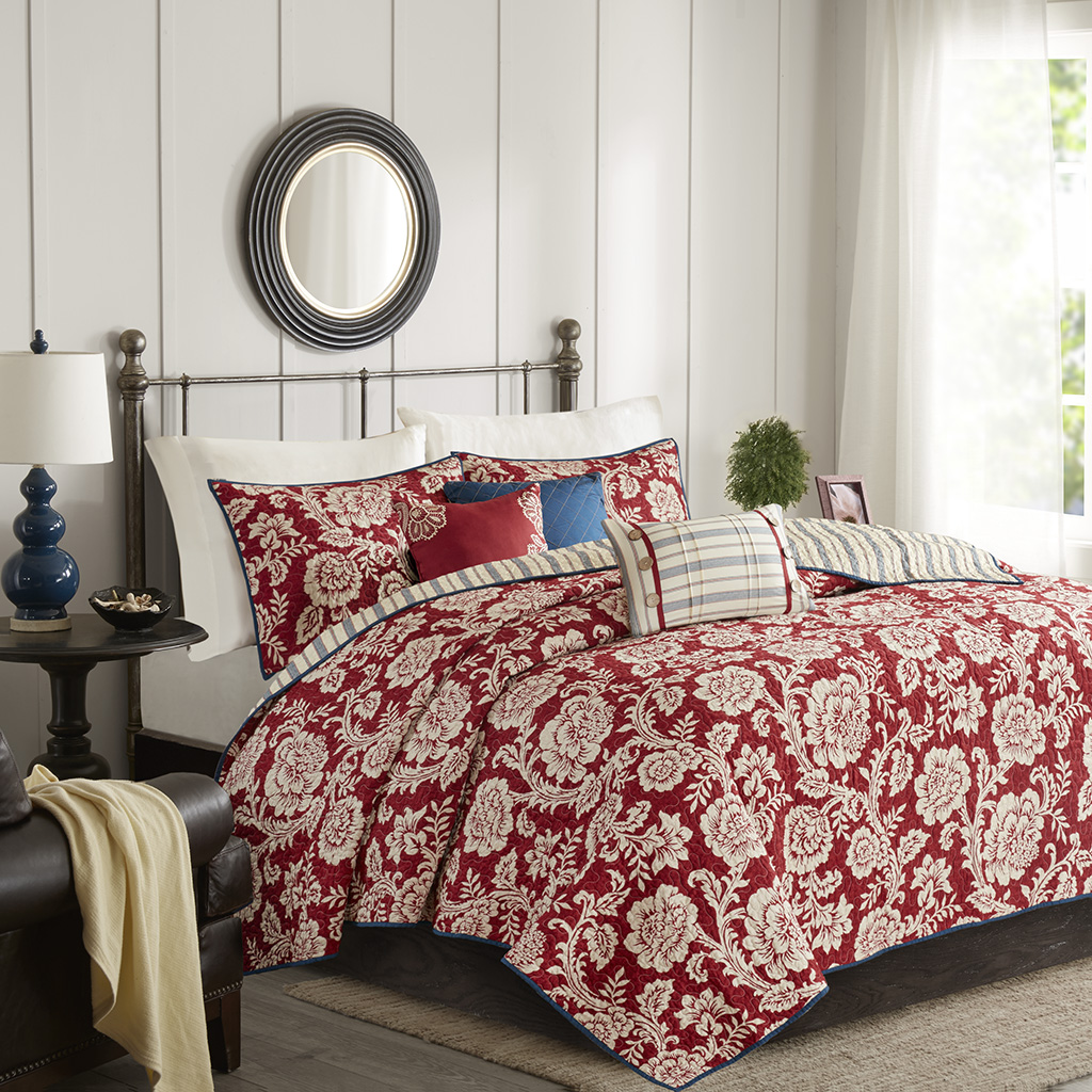 

Madison Park - Lucy 6 Piece Cotton Twill Reversible Coverlet Set - Red - Full/Queen