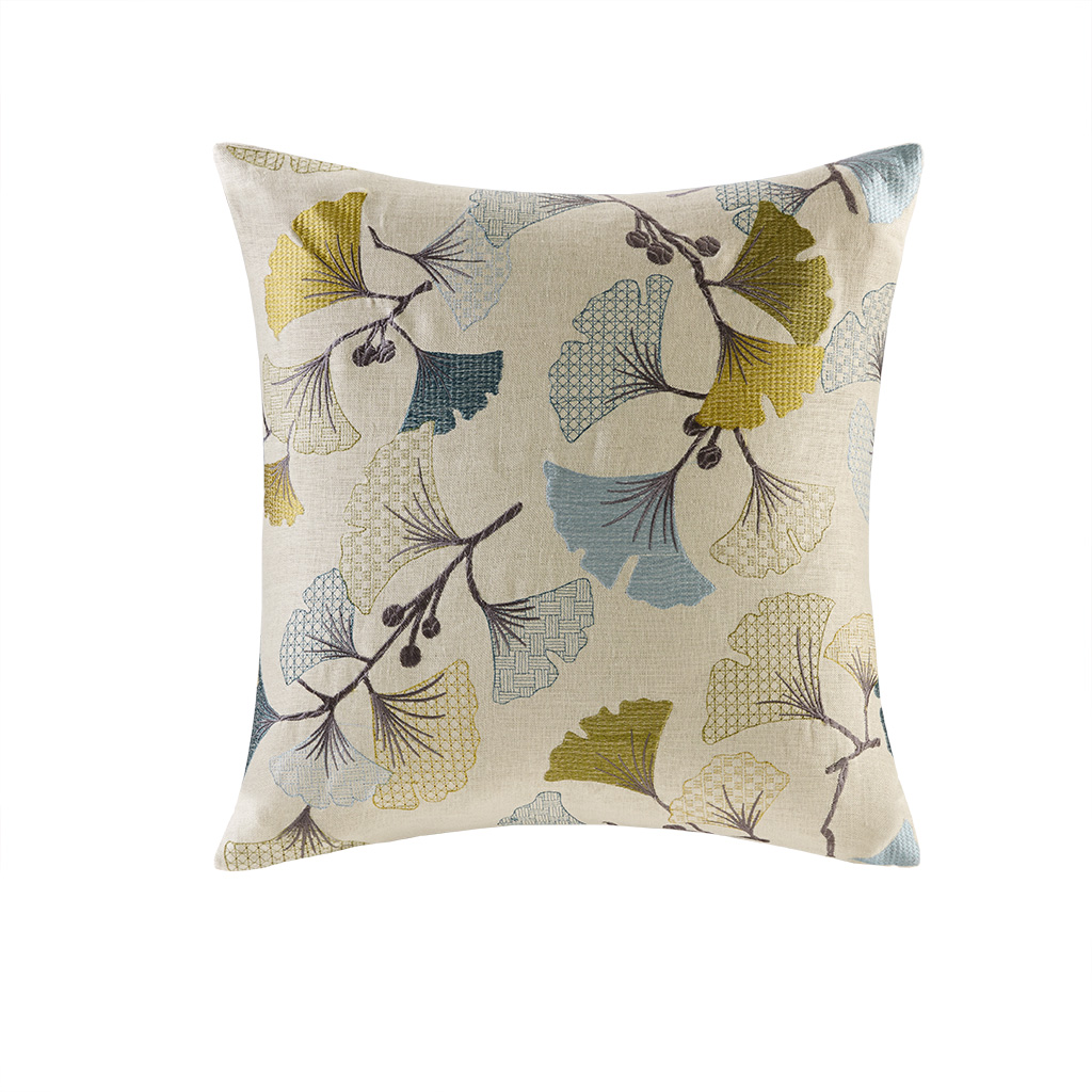 

Madison Park - Gingko Bloom Linen Embroidered Square Pillow - Blue - 20x20