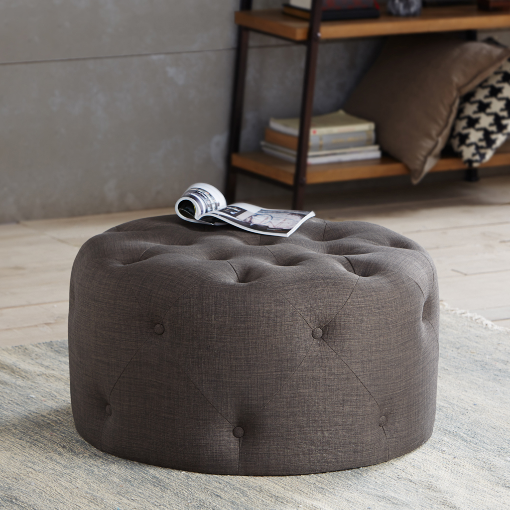 

Madison Park - Jenna Round Tufted Ottoman - Grey - See below