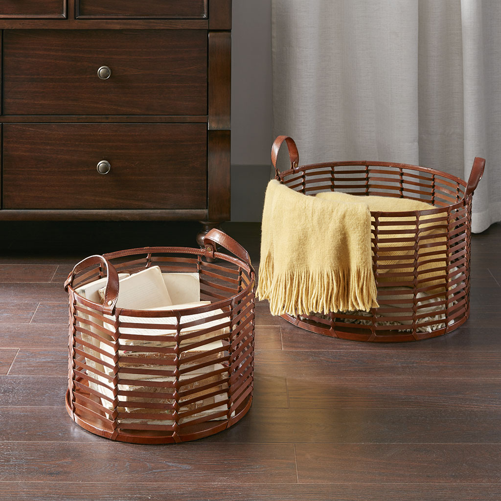 

Madison Park Signature - Newport Leather Stripe Basket - Brown - Medium