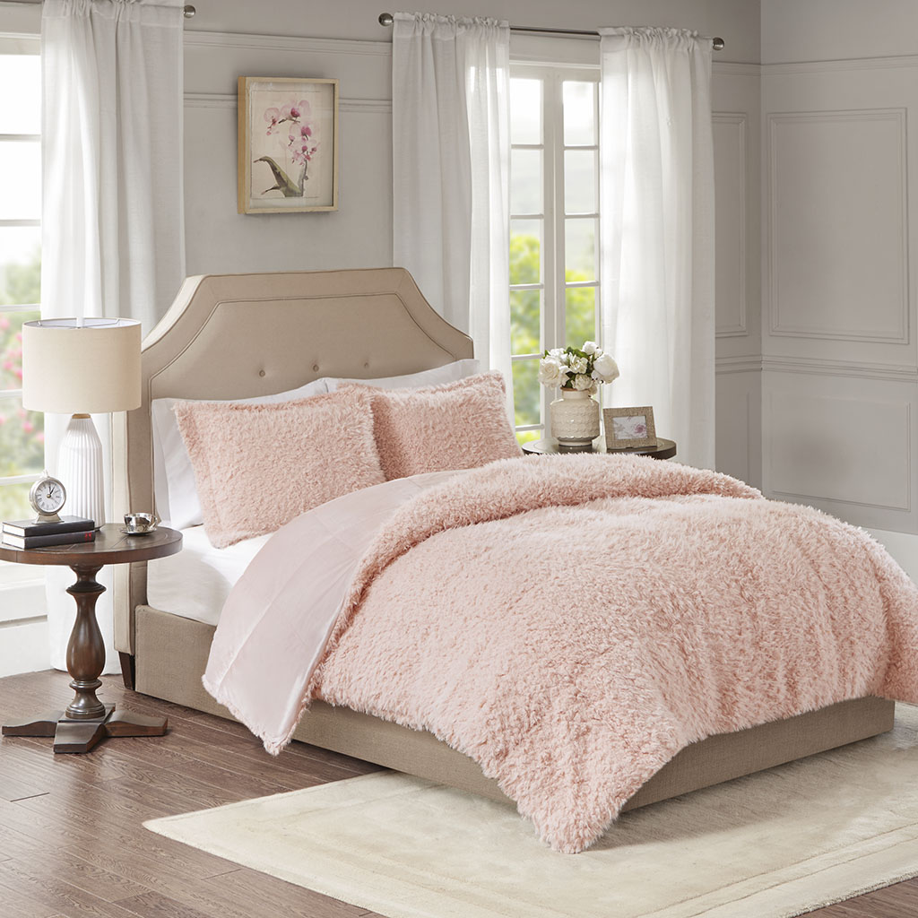 

Madison Park - Nova Faux Mohair Reverse Faux Mink Comforter Set - Blush - Twin