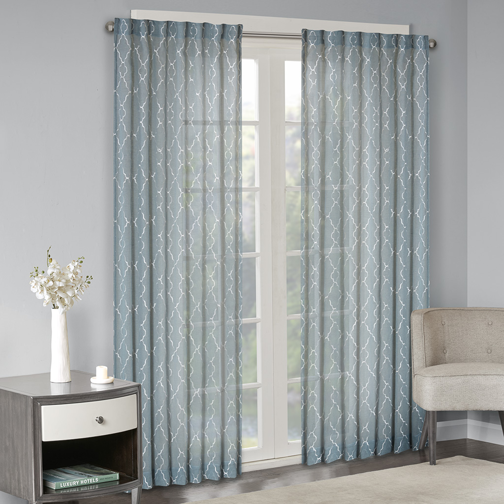 

Madison Park - Lorne Fret Embroidered Sheer Panel - Aqua - 50x84