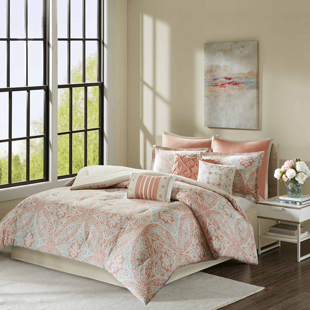 

Madison Park - Grace 9 Piece Cotton Comforter Set - Coral - King
