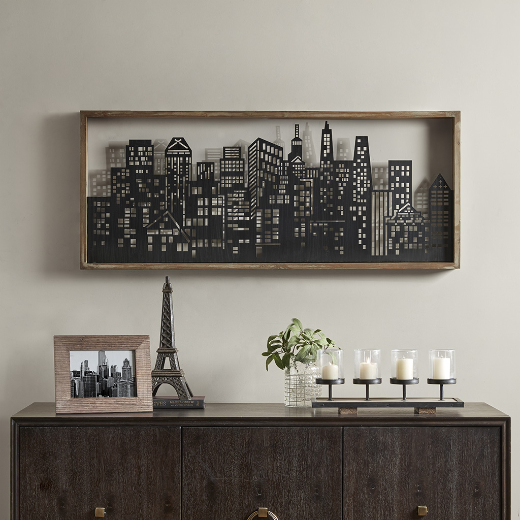 

Madison Park - Skyline Metal Wall Art Decor With Wooden Frame - Black/White - See below