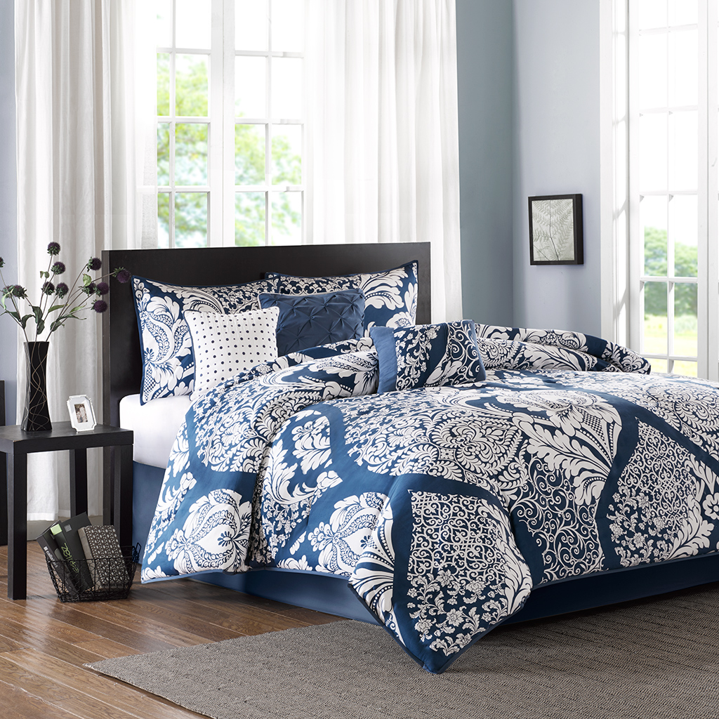 

Madison Park - Vienna 7 Piece Cotton Printed Comforter Set - Indigo - Cal King