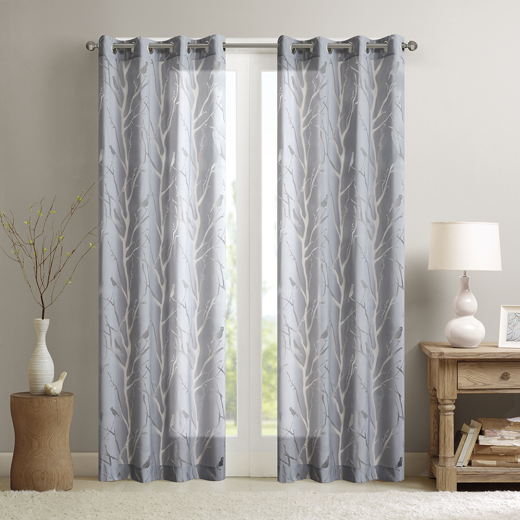 

Madison Park - Averil Grommet Top Sheer Bird on Branches Burnout Window Curtain - Grey - 63" Panel