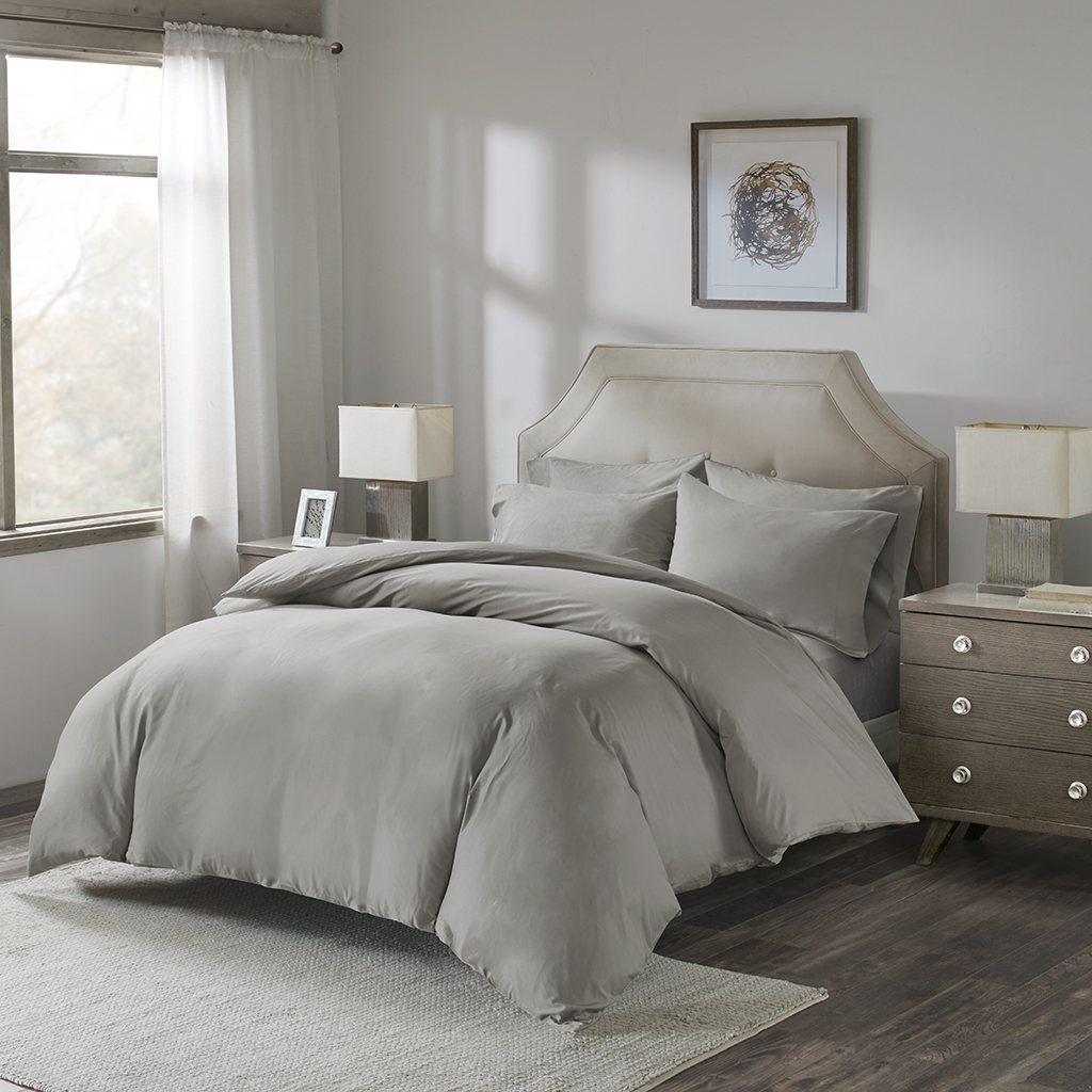 

Madison Park - Luxury Cotton Percale Duvet Set with Fitted Sheet - Grey - Cal King